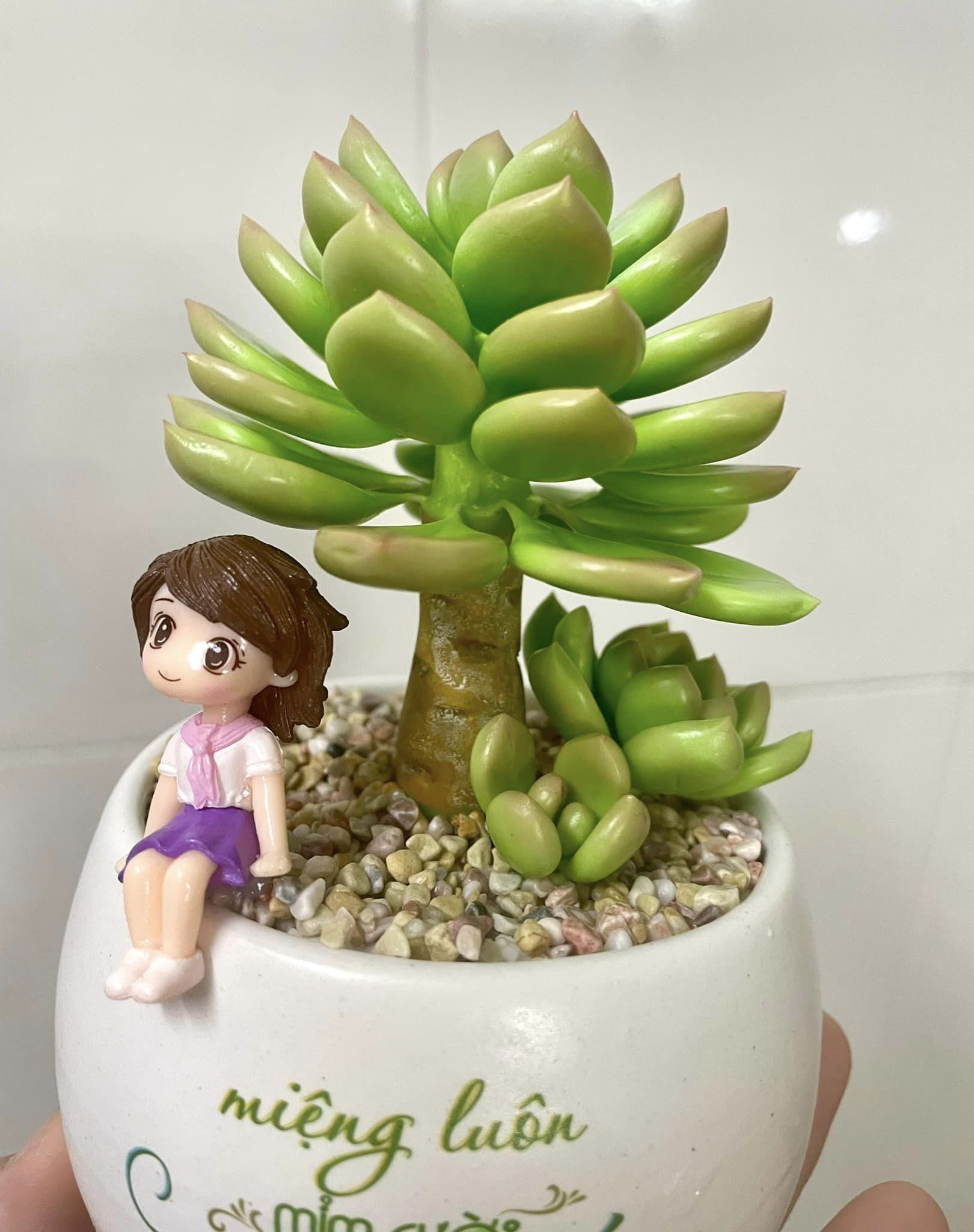 Chậu sen đá bằng đất sét mix phụ kiện dễ thương