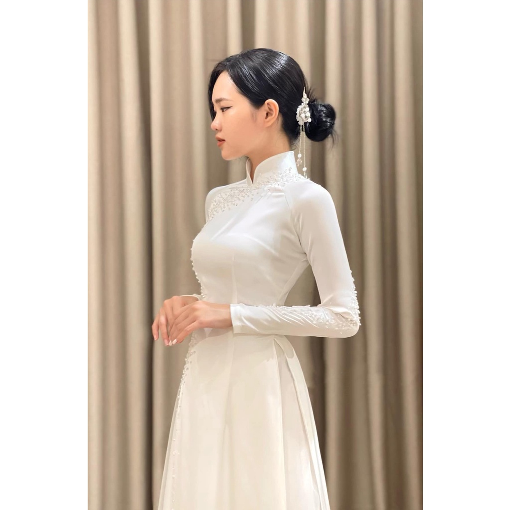 Áo dài cưới trắng 4 tà [CAMHOUSE] chất liệu lụa tủa phale 1 bên sườn