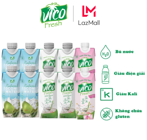 COMBO 10 HỘP NƯỚC DỪA VICO FRESH 330ML (4 XIÊM, 2 SEN, 4 NATURAL)