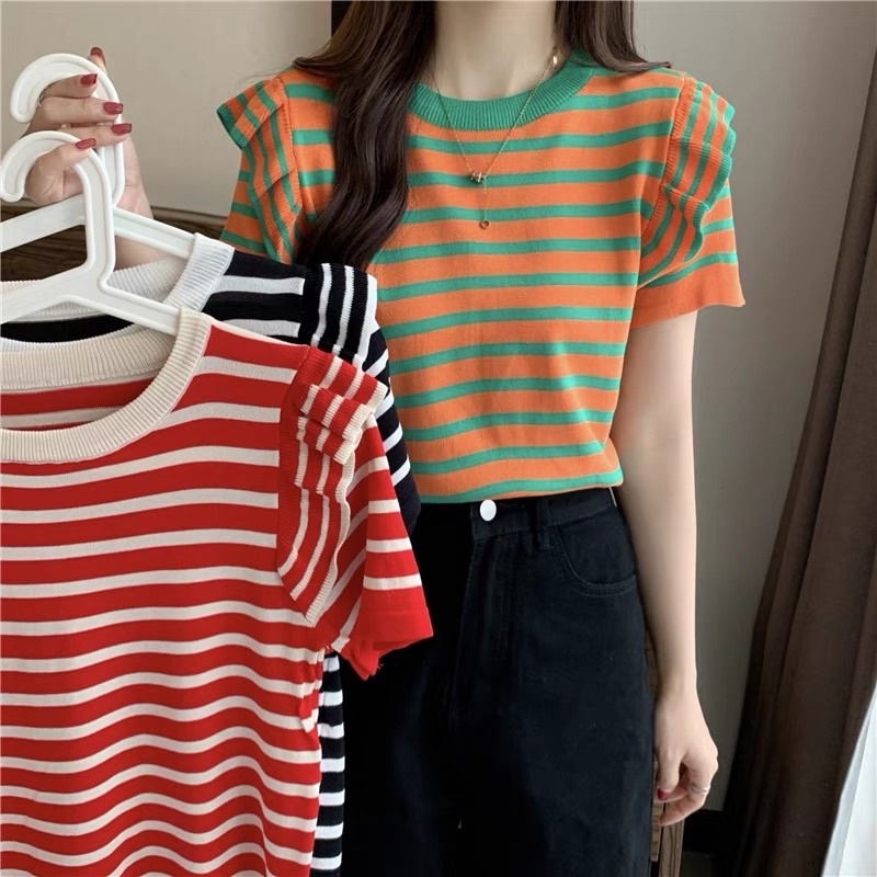 Áo Len Dệt Kim Nữ Tay Bèo - Áo Thun Nữ Cộc Tay Cổ Tròn Phối Kẻ Màu Thời Trang - LCXA160