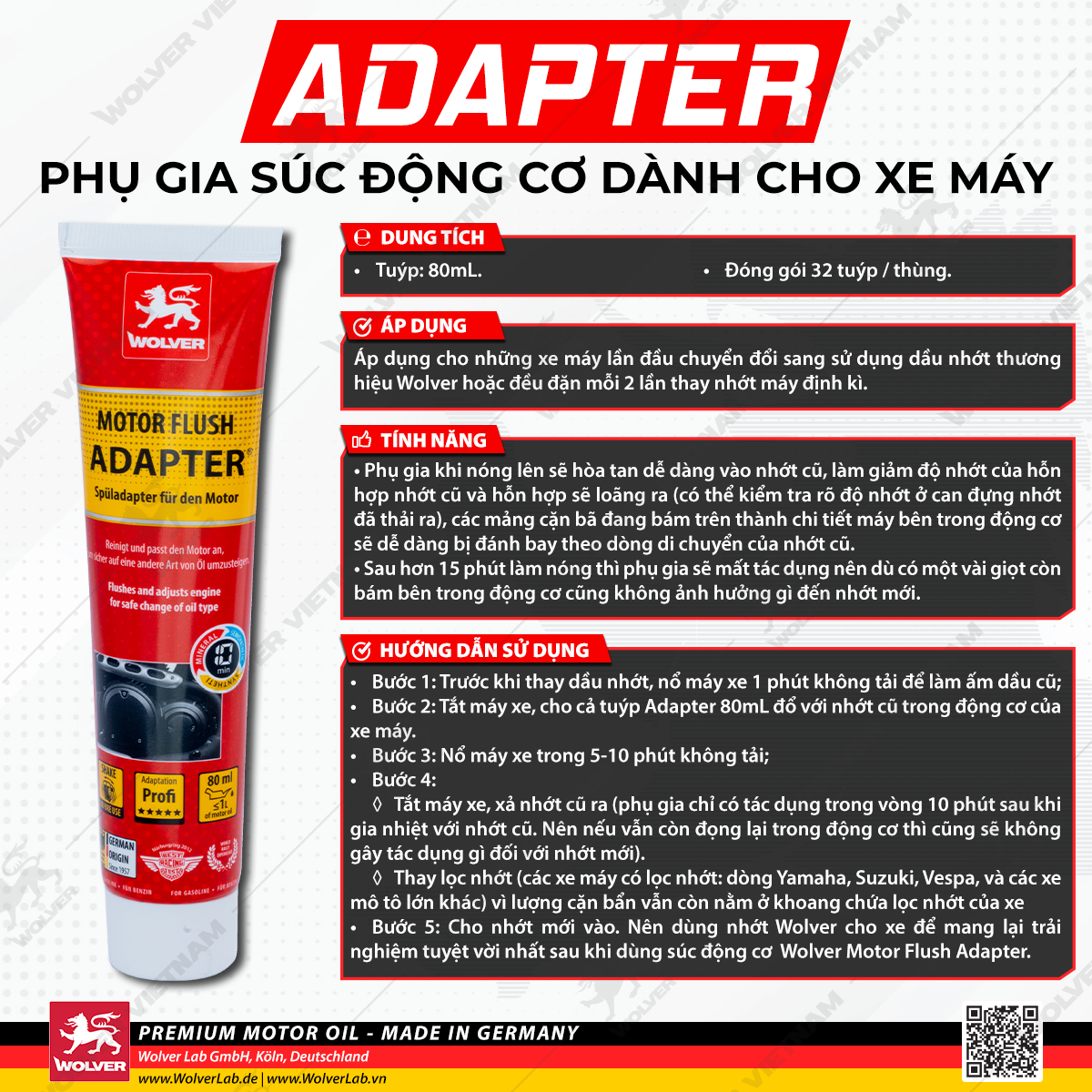 Phụ gia súc rửa động cơ xe máy wolver motor flush adapter