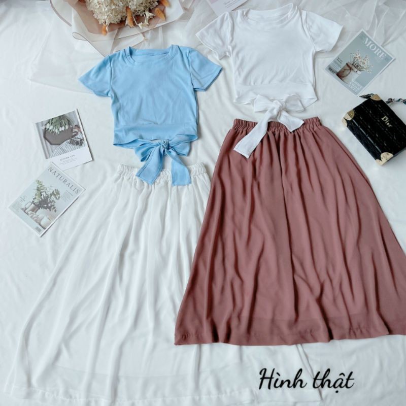 [HCM]SET ÁO THUN BUỘC EO VÁY MIDI ẢNH THẬT