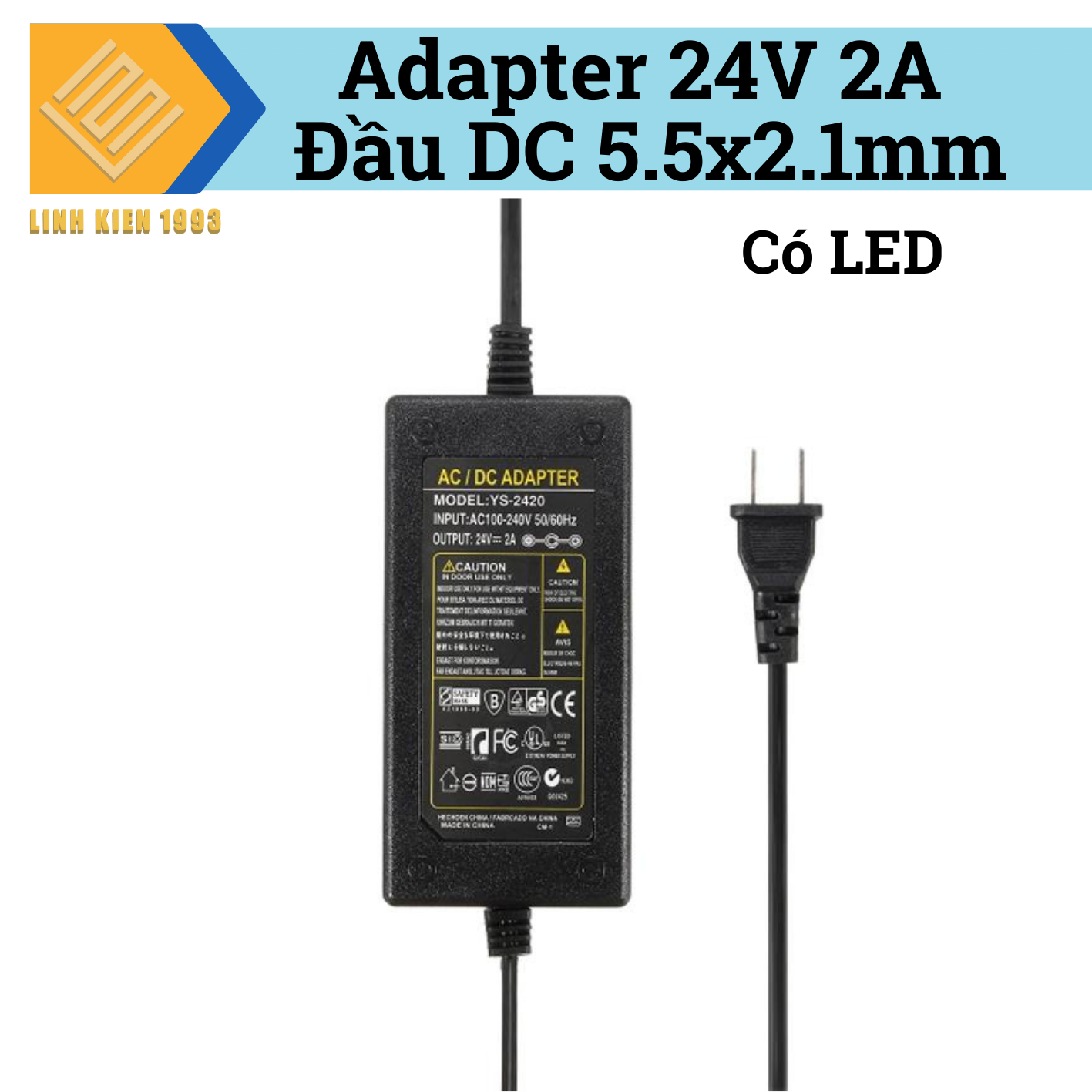 Nguồn Adapter 24V 2A Đầu DC 5.5x2.1mm Có LED