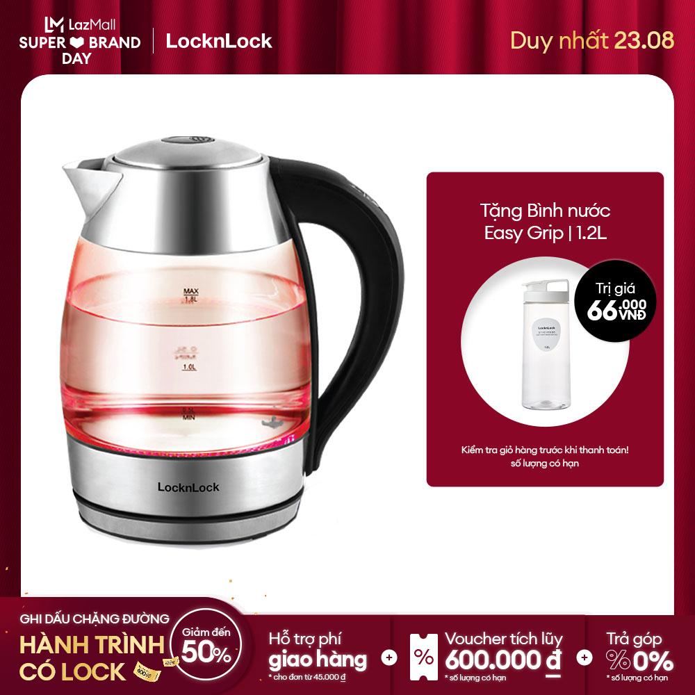 Ấm đun nước thủy tinh chịu nhiệt cao Lock&Lock (1.8L) - Đèn LED thông báo hiện đại - Thuỷ tinh cao cấp - Công suất 2200W - Đế xoay 360 Độ - Chính hãng - EJK341