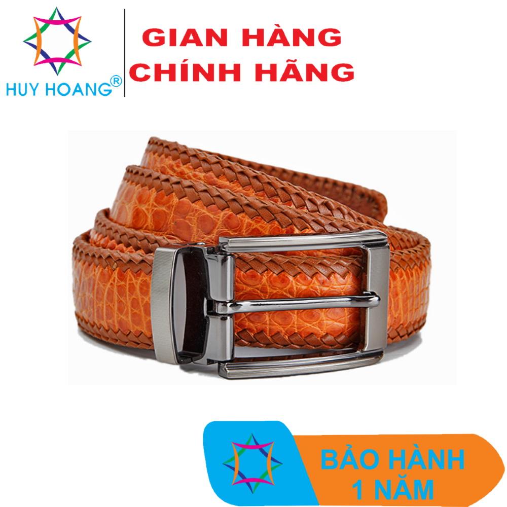 Thắt lưng nam da cá sấu đan viền đầu kim màu vàng HK4279
