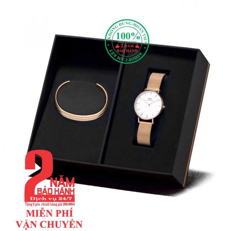 [Mẫu mới] Hộp quà đồng hồ nữ Daniel Wellington Petite Melrose 32mm + Vòng tay D.W Bracelet- màu vàng hồng (Rose Gold), mặt trắng - DW00500332