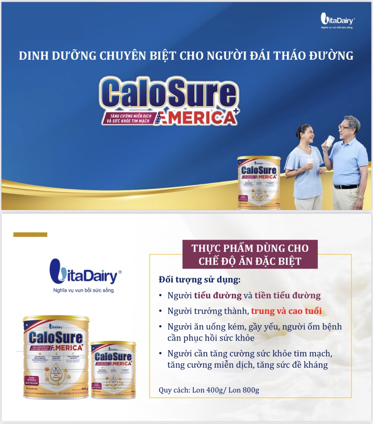 (HSD T5-2027) (Tích Xu) Sữa Bột Vitadairy Calosure America+ 800g (Tiểu Đường).