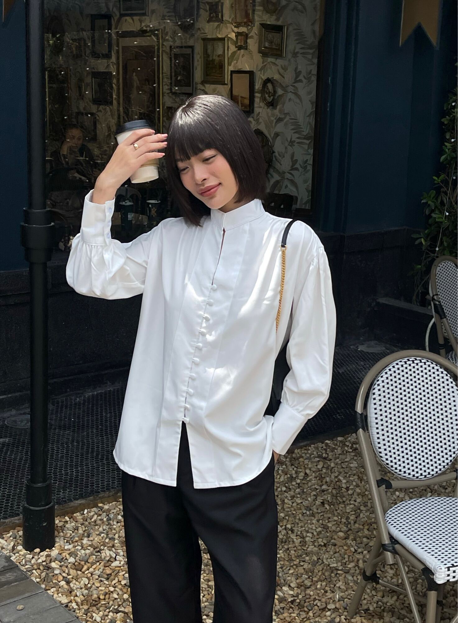 [Nhập mã LAZFASHION34-giảm 15% tối đa 99k/600k]SAP-Áo sơ mi trắng cổ trụ nút bọc