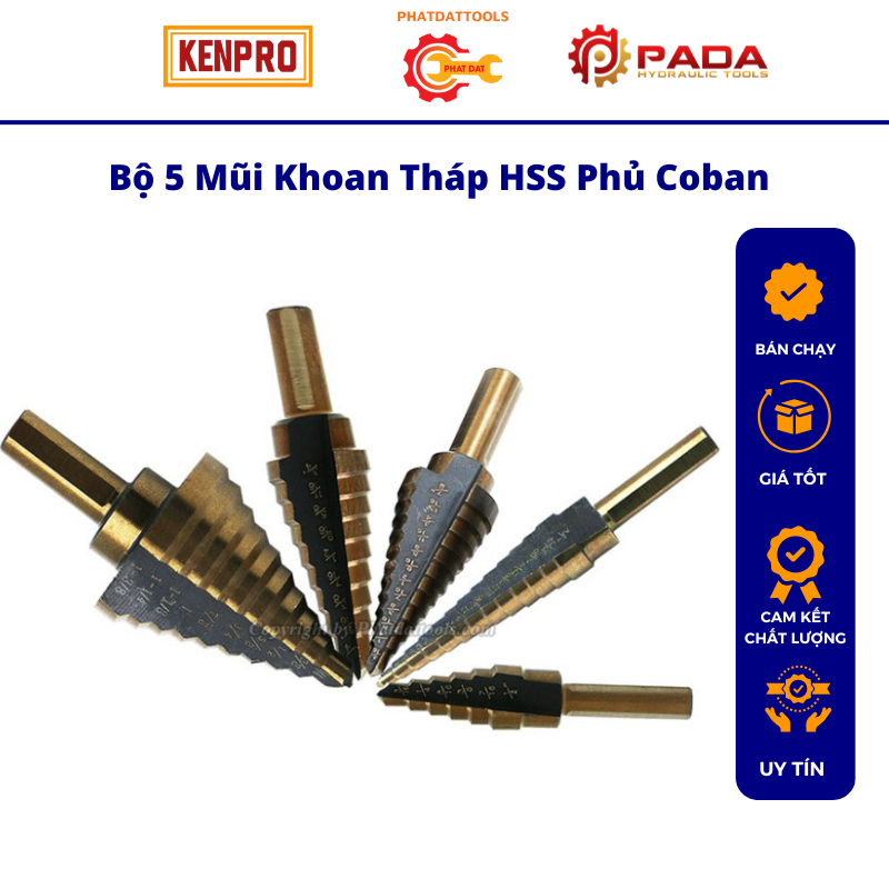 Bộ 5 mũi khoan tháp HSS phủ Coban-mũi khoan Inox phủ Coban