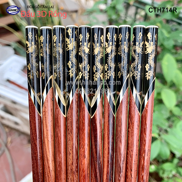 Đũa gỗ Cẩm Lai - đầu cẩm thạch 3D chìm / Rồng/Cá/Trúc (10 đôi/Hộp) HAHANCO (CTH714)