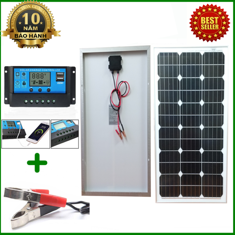 Tấm Pin năng lượng mặt trời đơn tinh thể Mono 60W tặng điều khiển sạc 30A 12V/24V LCD (công suất 360w) + Kẹp bình acquy
