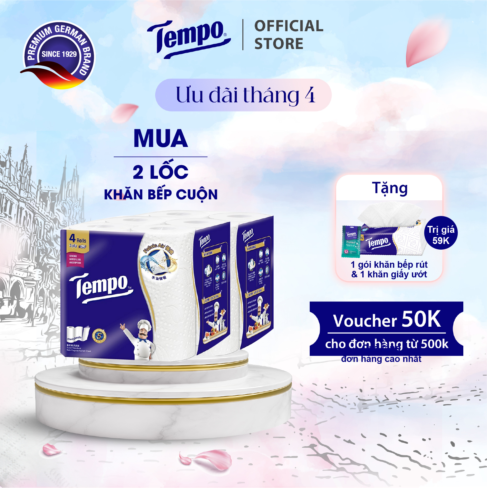 [2 LỐC BẾP CUỘN] Khăn Giấy Bếp Cuộn Đa Năng Siêu Thấm Tempo (Lốc 4 Cuộn)
