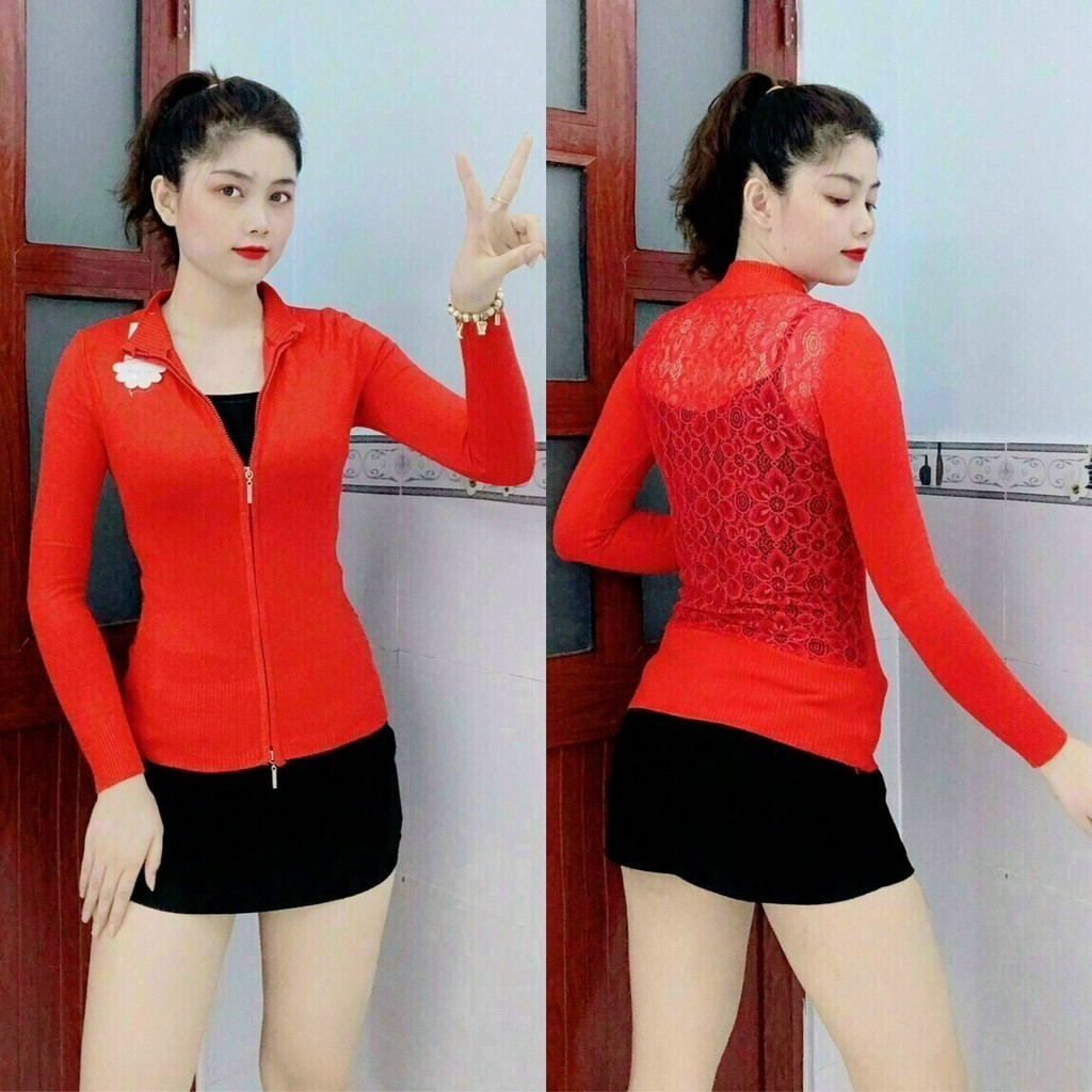 Áo khoác len nữ dây kéo phối ren lưng có nhiều màu