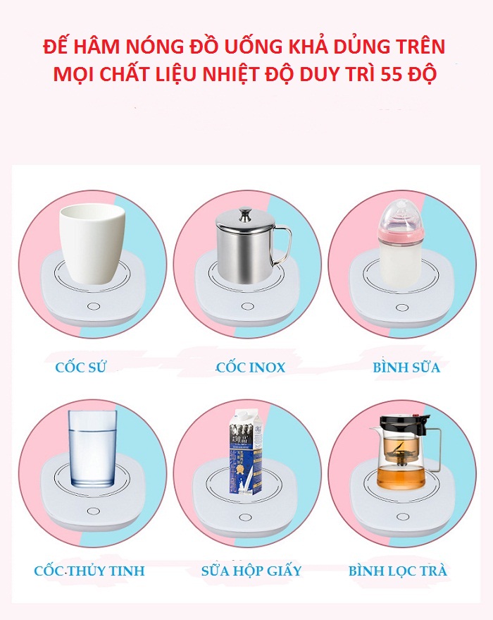 Đế Hâm Nóng đa năng, đồ uống, trà, cà phê, kèm cốc thìa