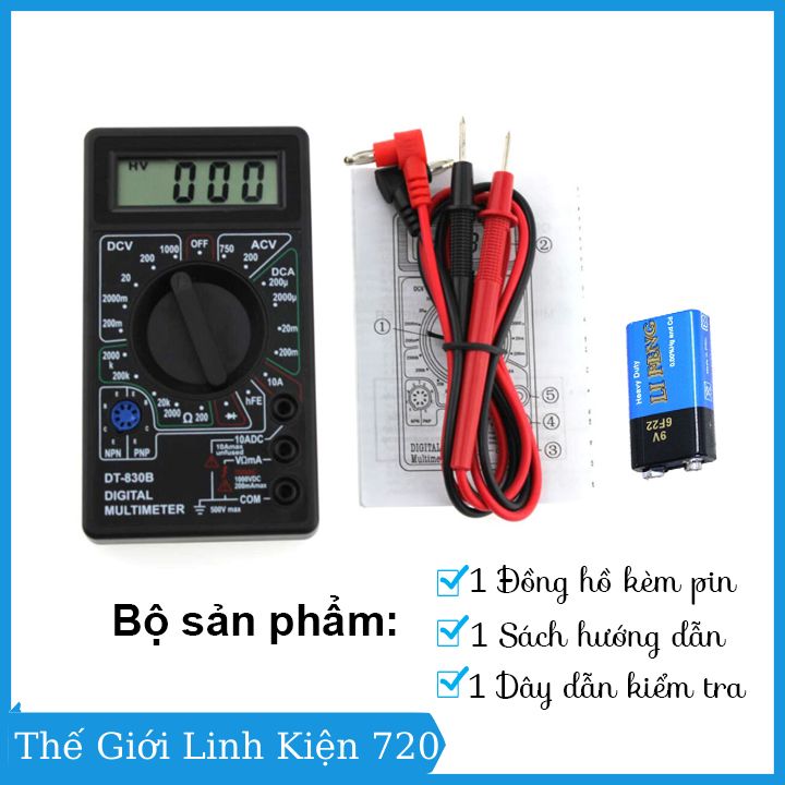 Đồng hồ đo điện tử vạn năng DT830B Digital Multimeter, đồng hồ đo điện đa năng, đo điện áp, ampe, diode... hiển thị kỹ thuật số, đồng hồ đo có kèm pin theo