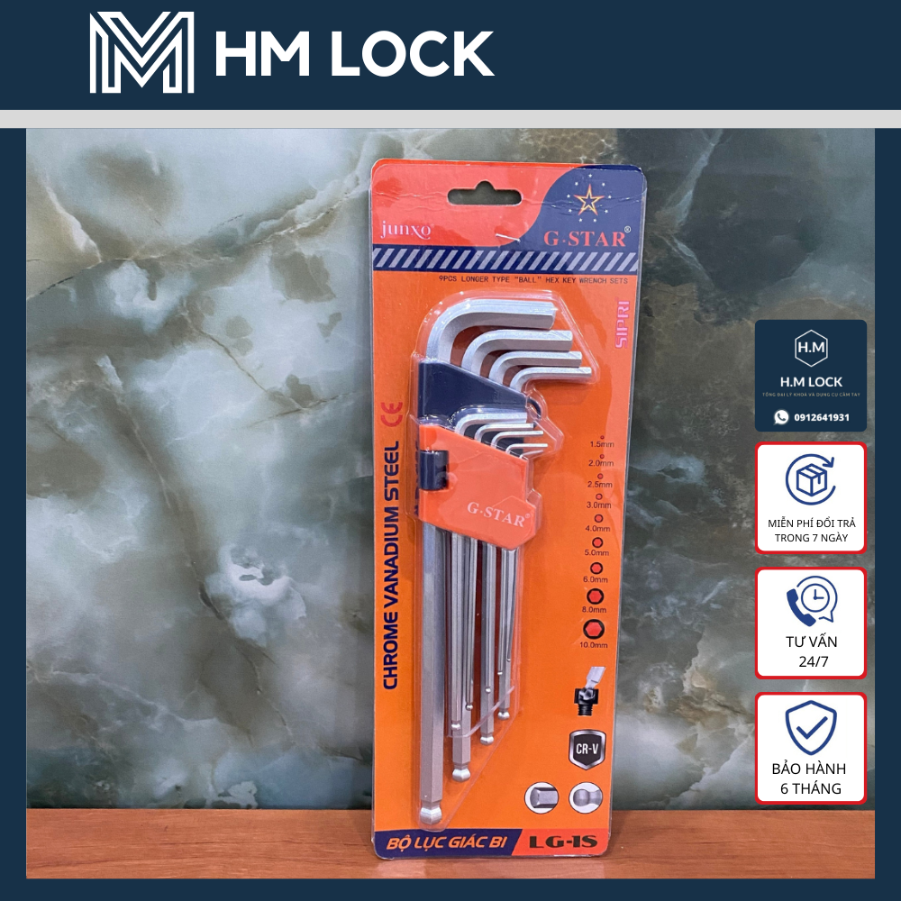 BỘ KHOÁ LỤC GIÁC BI G-STAR 9 CÂY (1.5, 2, 2.5, 3, 4, 5, 6, 8, 10mm) - THÉP VANADIUM CHỊU LỰC CAO KHÔNG GỈ - HM LOCK