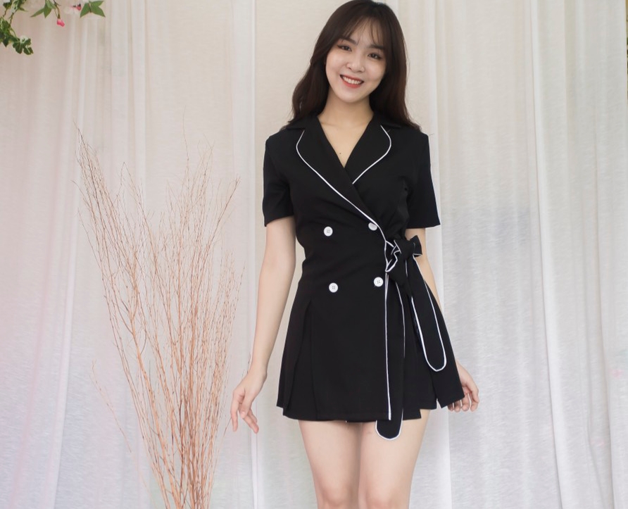 Set đầm công sở cổ vest có nơ thắt eo