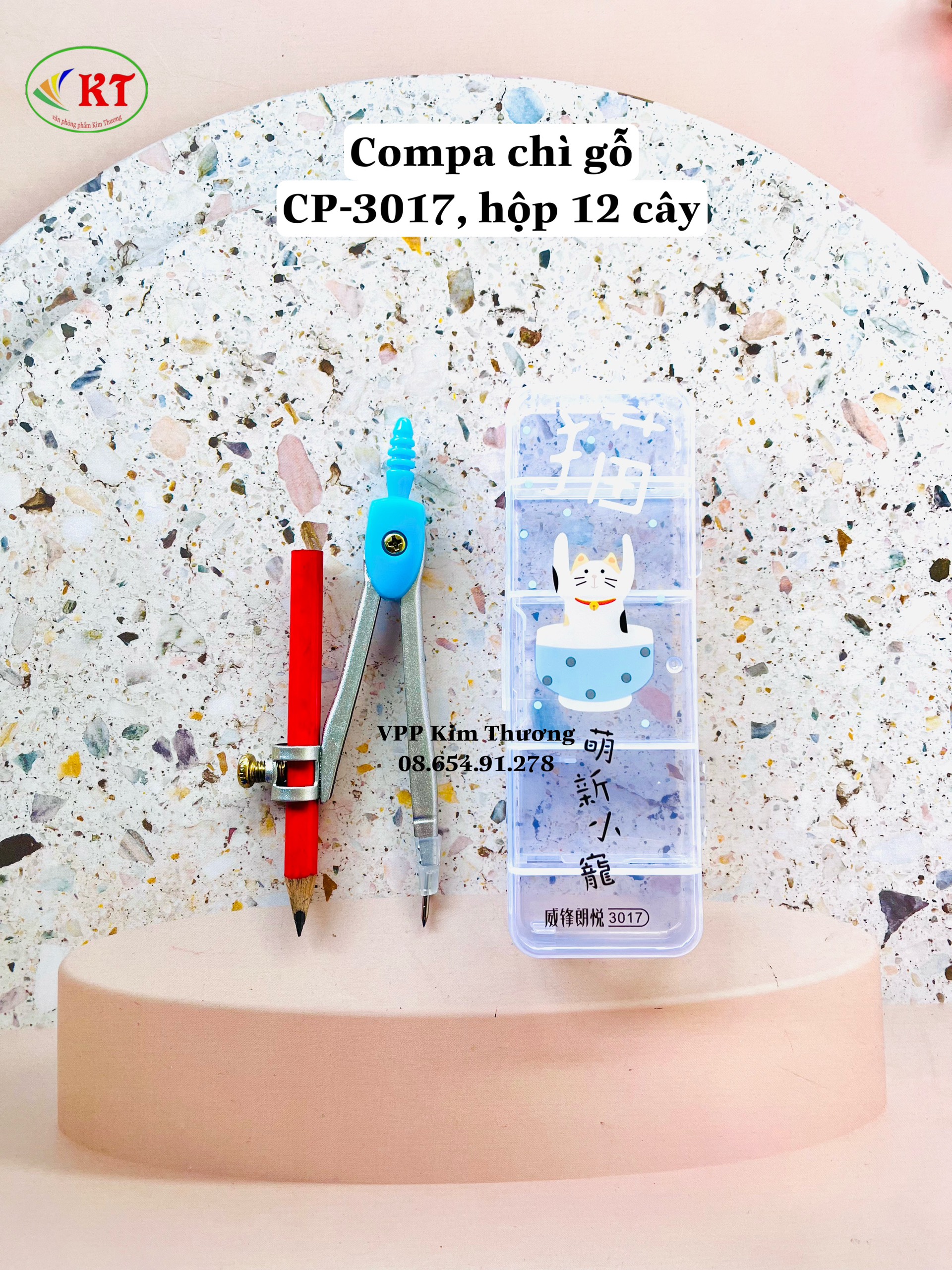 Compa chì gỗ gồm 3 màu hồng, xanh dương, tím