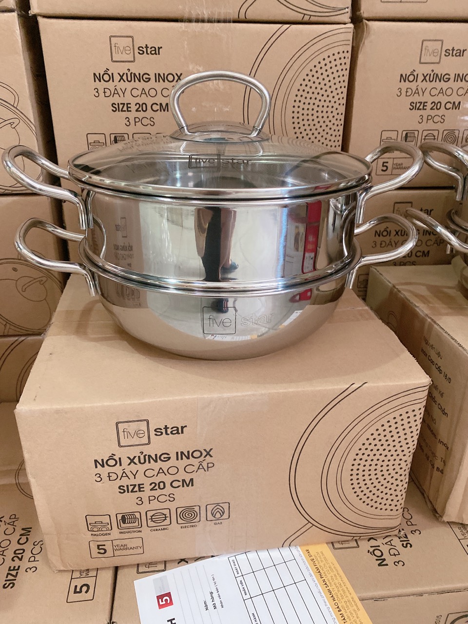 Nồi kèm xửng hấp Inox 3 đáy cao cấp Fivestar 20cm vung kinh