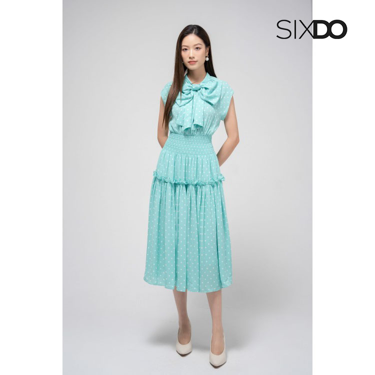 Đầm chiffon xanh eo chun họa tiết chấm bi SIXDO (Dark Mint Polka Dot Midi Chiffon Dress)