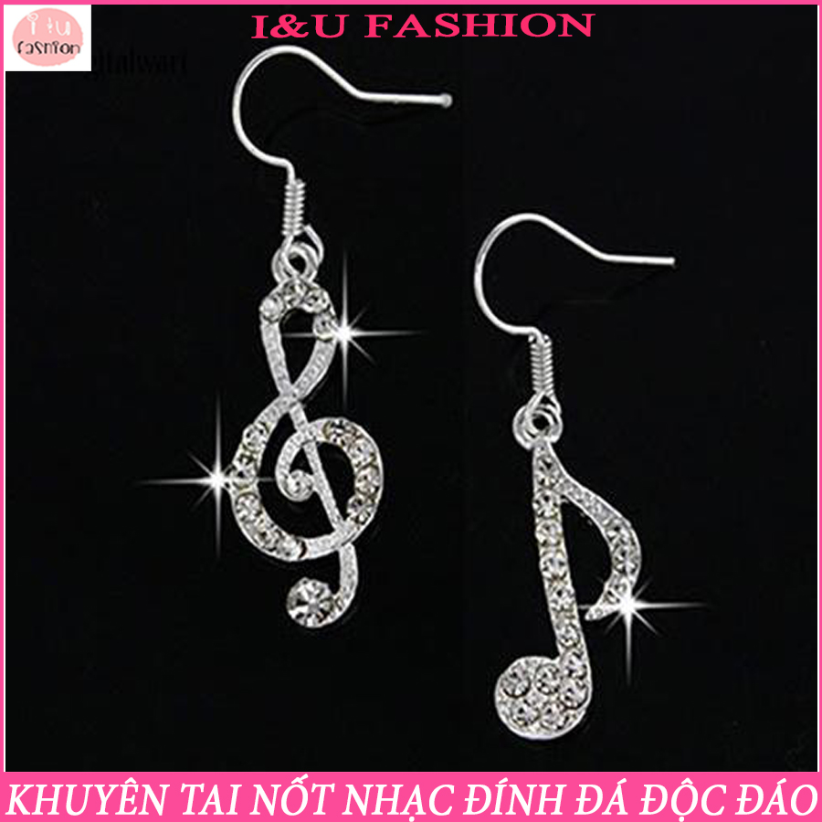 Khuyên tai bông tai hình nốt nhạc đính đá lấp lánh độc đáo xinh xắn chất liệu kim loại màu bạc sáng dễ thương cho nữ KT-40