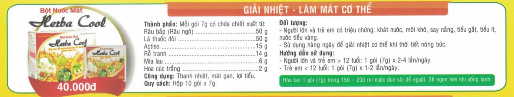 Bột Nước Mát Herba Cool ( hộp 10 gói x 7g) giải khát làm mát cơ thể