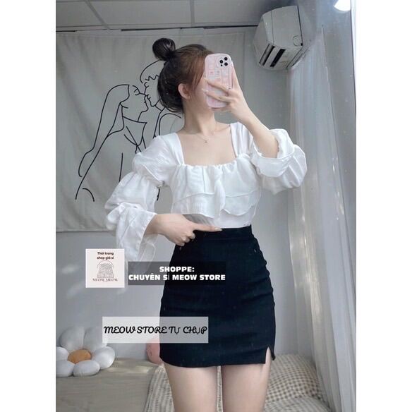 Set Chân váy xẻ + áo bèo voan tầng