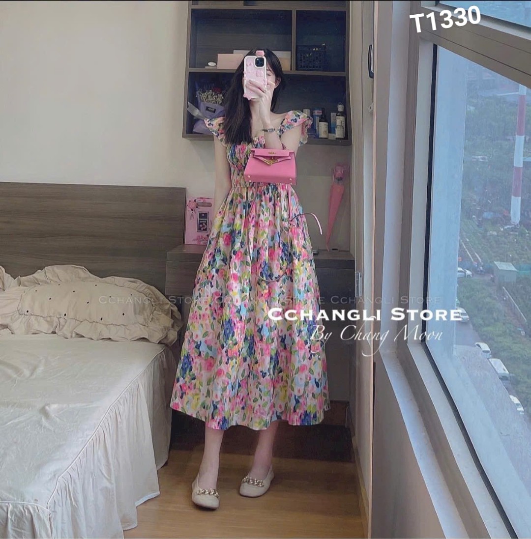 Đầm maxxi voan hoa mocking thân trước thân sau màu y hình voan in hoa T1330