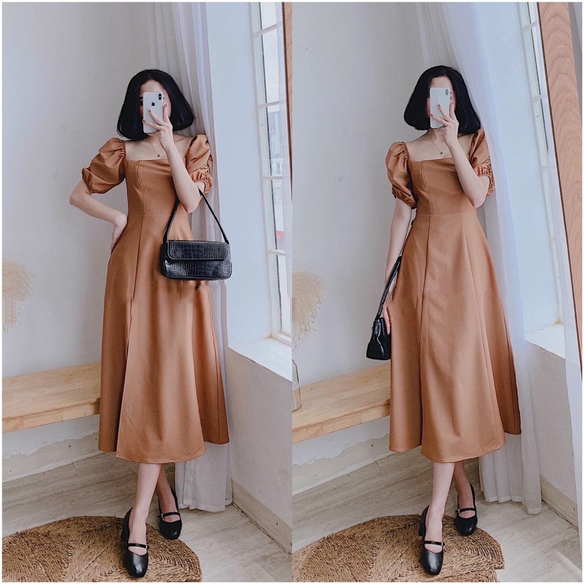 Đầm kem cổ vuông xẻ tà
