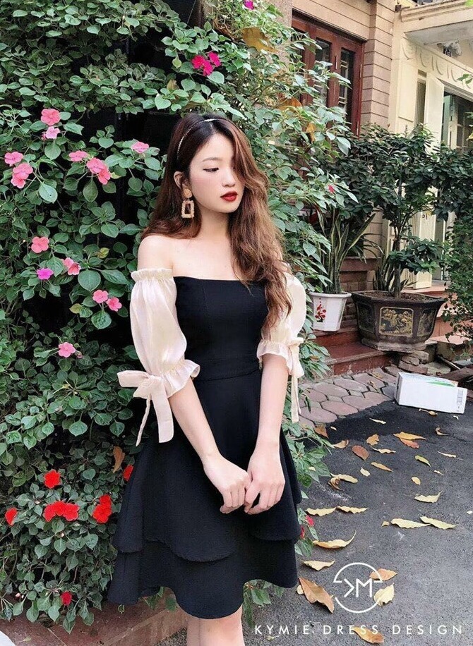 Đầm xòe trễ vai hai tầng tay nơ fashionlyly