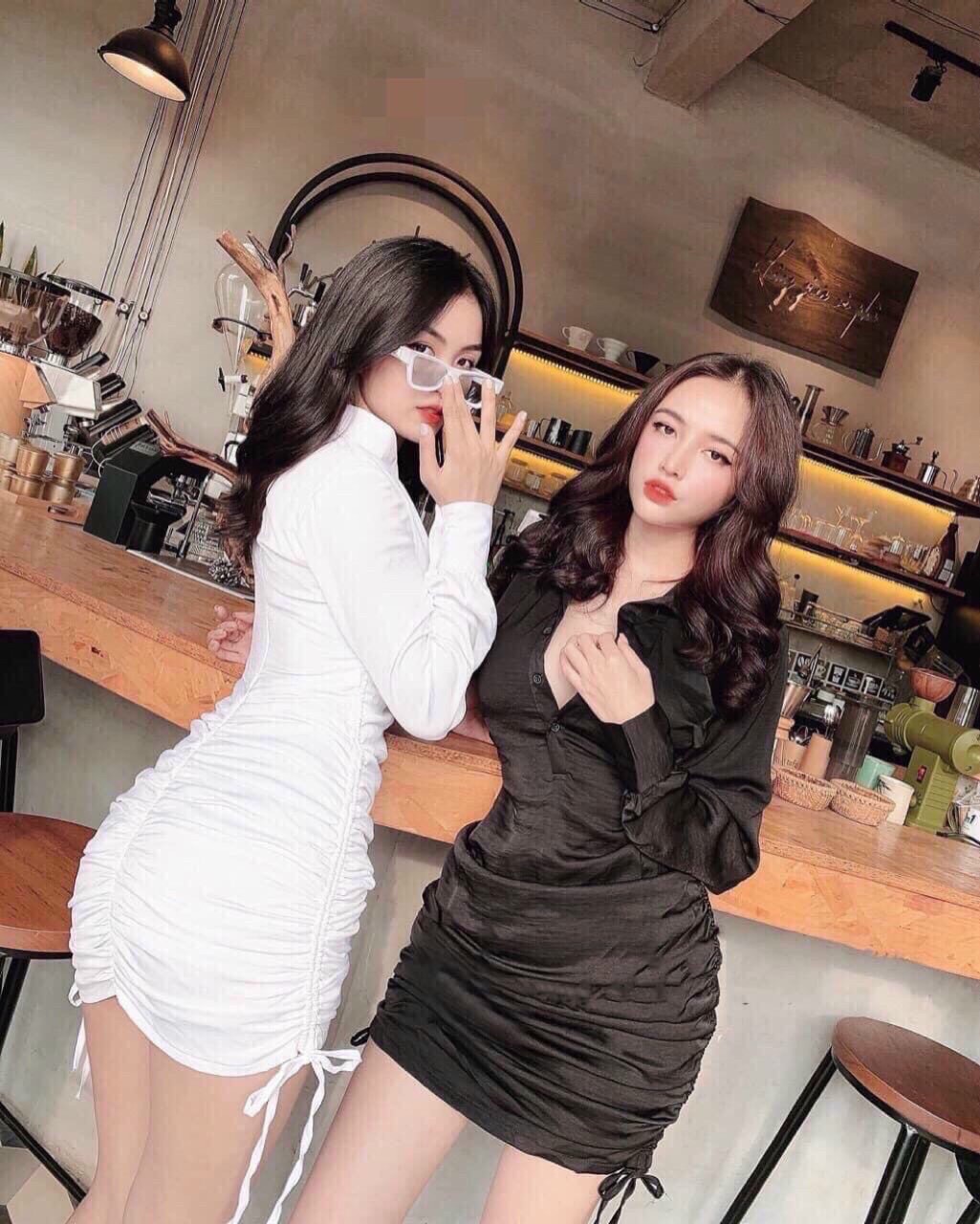 Đầm nhún tay dài cổ sơ mi cài nút ( có dây kéo )