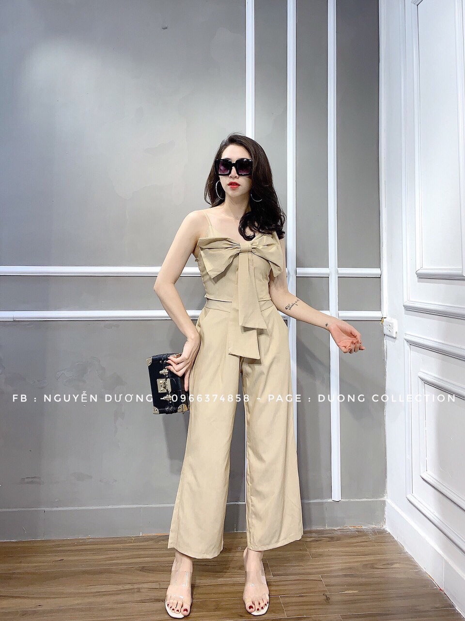 jumpsuit dài nơ ngực lụa chéo-QH