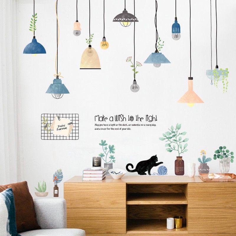 Decal dán tường đèn và mèo trên kệ cây