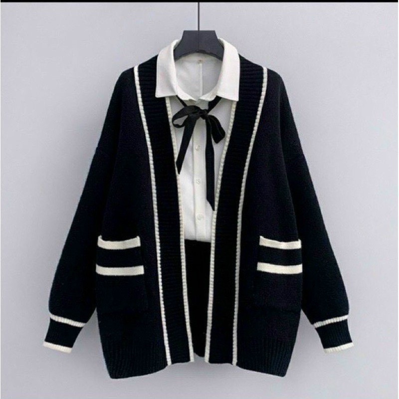 Áo khoác cardigan len dày phối viền Quảng châu