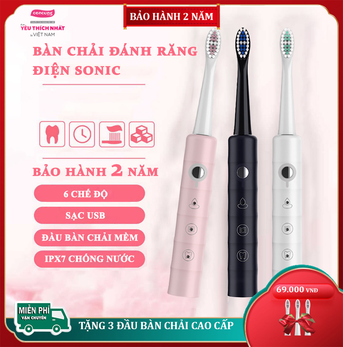 Bàn chải đánh răng điện Sonic với 6 chế độ làm sạch, chức năng chống thấm nước toàn thân, dùng sạc USB Tặng kèm 3 đầu bàn chải mềm ( Bảo hành 2 năm lỗi 1 đổi 1 trong 7 ngày )