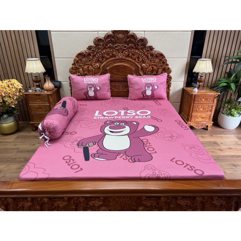 Bộ ga gối thun siêu mát lạnh 5D gâu lotso ( gấu dâu )