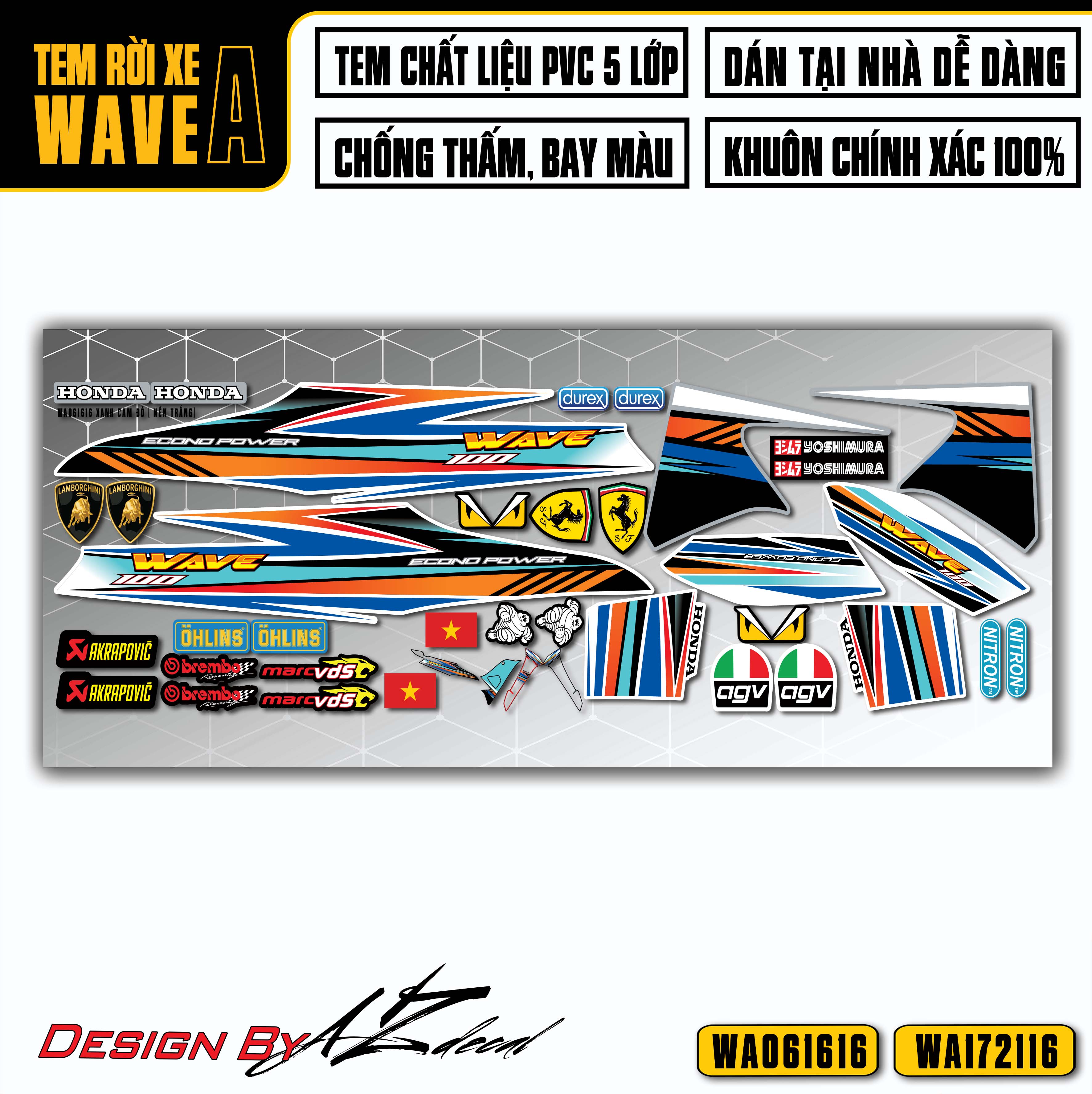 Tem Dán Xe Wave 100 110 Nhiều Màu Kèm Sticker | WA16 | Tem Chế Chất Liệu Decal PVC Chống Nước, Bền Màu - Azdecal