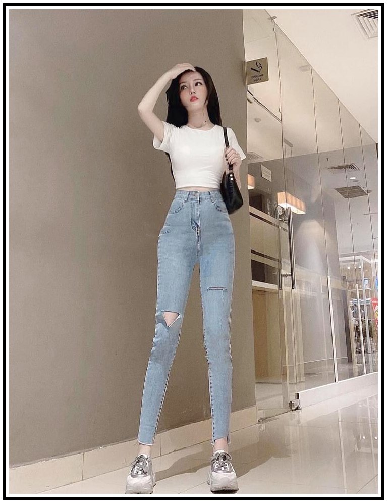 Quần jean nữ lưng cao rách xẻ gối phối rách lai 1 bên mẫ mới  O6