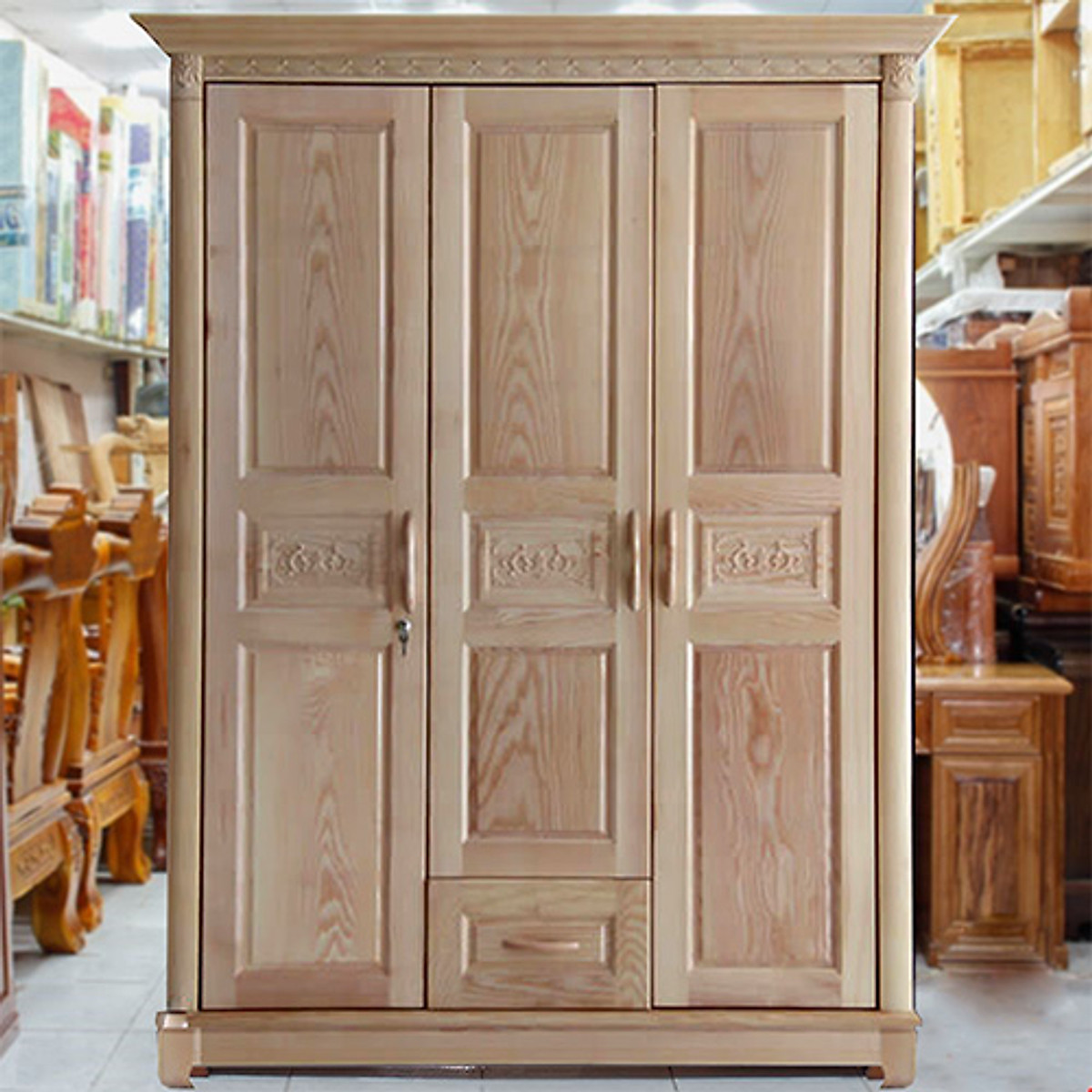 [Trả góp 0%] Tủ áo 3 cánh gỗ sồi nga màu tự nhiên , tủ gỗ đựng quần áo , tủ áo 1m6
