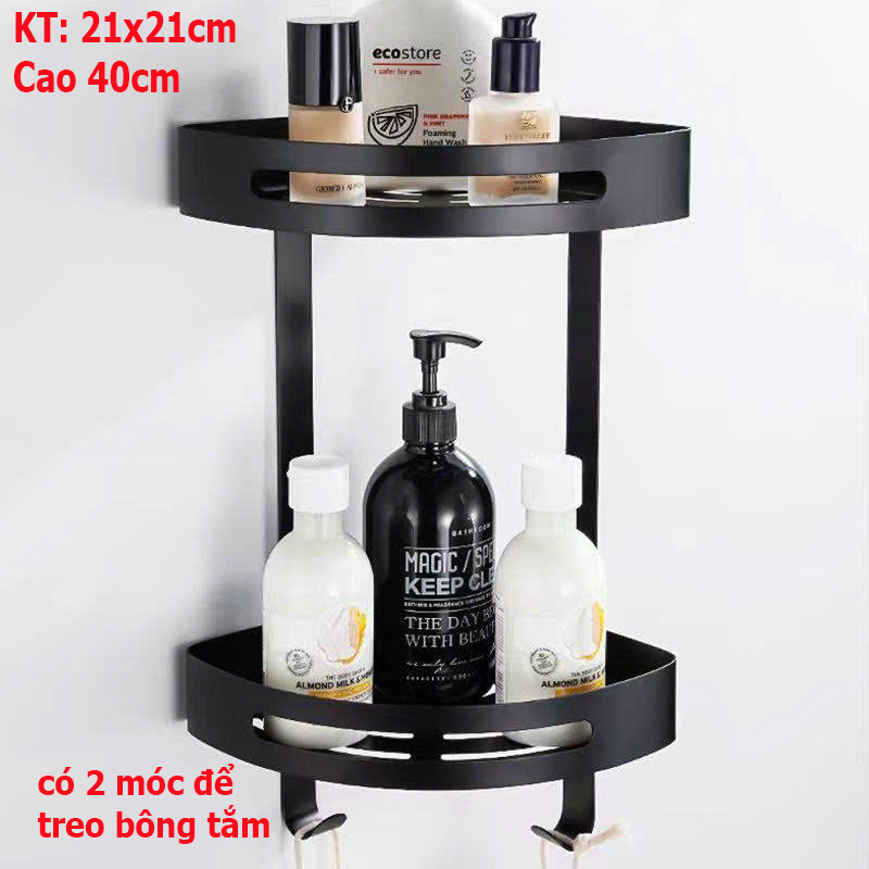 Kệ nhà tắm Kệ Góc 2 Tầng Đựng Sữa Tắm Dầu Gôị 100% INOX 304 sơn tĩnh điện đen Trong Nhà Tắm KG3 có móc treo ở dưới để treo bông tắm