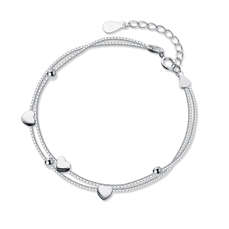 Lắc tay bạc nữ đơn giản, lắc tay bạc s925 dáng kép đính tim - l2614 - bảo ngọc jewelry
