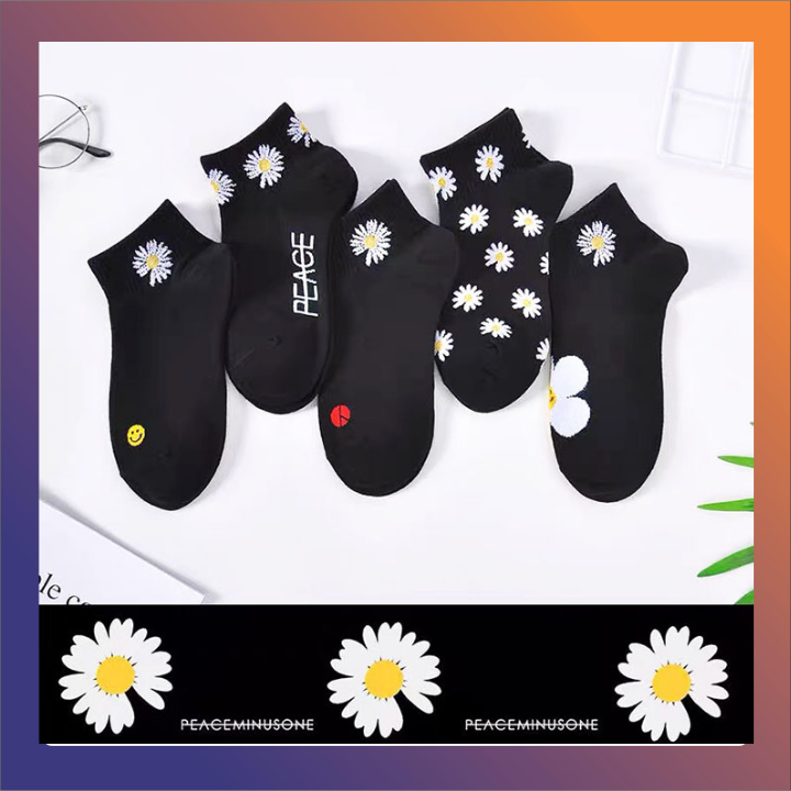 [ SET 5 đôi ] Tất đen họa tiết hoa cúc, tất unisex dành cho các bạn trẻ, vớ họa tiết hoa cúc freestyle, vớ nam hình hoa cúc .