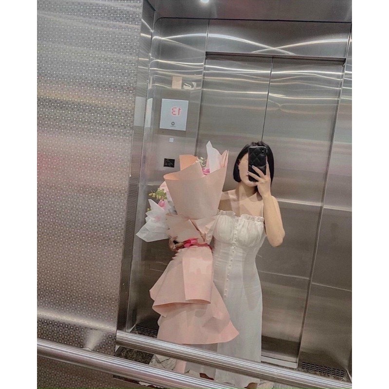 Đầm 2 dây nút bọc 2 màu