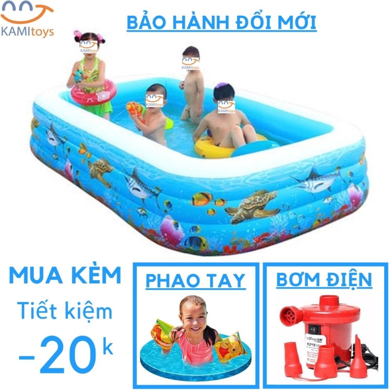 Bể bơi cho bé tại nhà, Bể bơi phao 3 tầng cho bé 3 loại kích thước tùy chọn mua kèm bơm điện tùy chọn