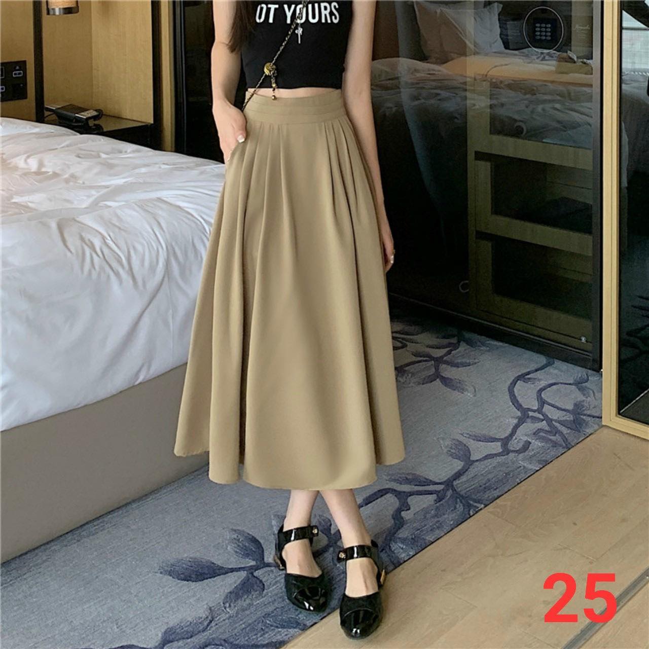 Chân váy dáng dài cạp cao xếp ly, công sở
