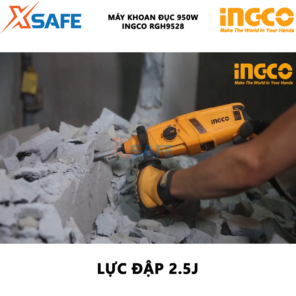 Máy khoan cầm tay 3 chức năng 950w Ingco RGH9528 đầu gài sds plus, tốc độ 1050rpm, tốc độ búa 4670bpm, lực búa 2,5j, khoan bê tông 28mm, thép 13mm, gỗ 30mm, kèm 3 mũi khoan và 2 mũi đục Máy khoan đục bê tông