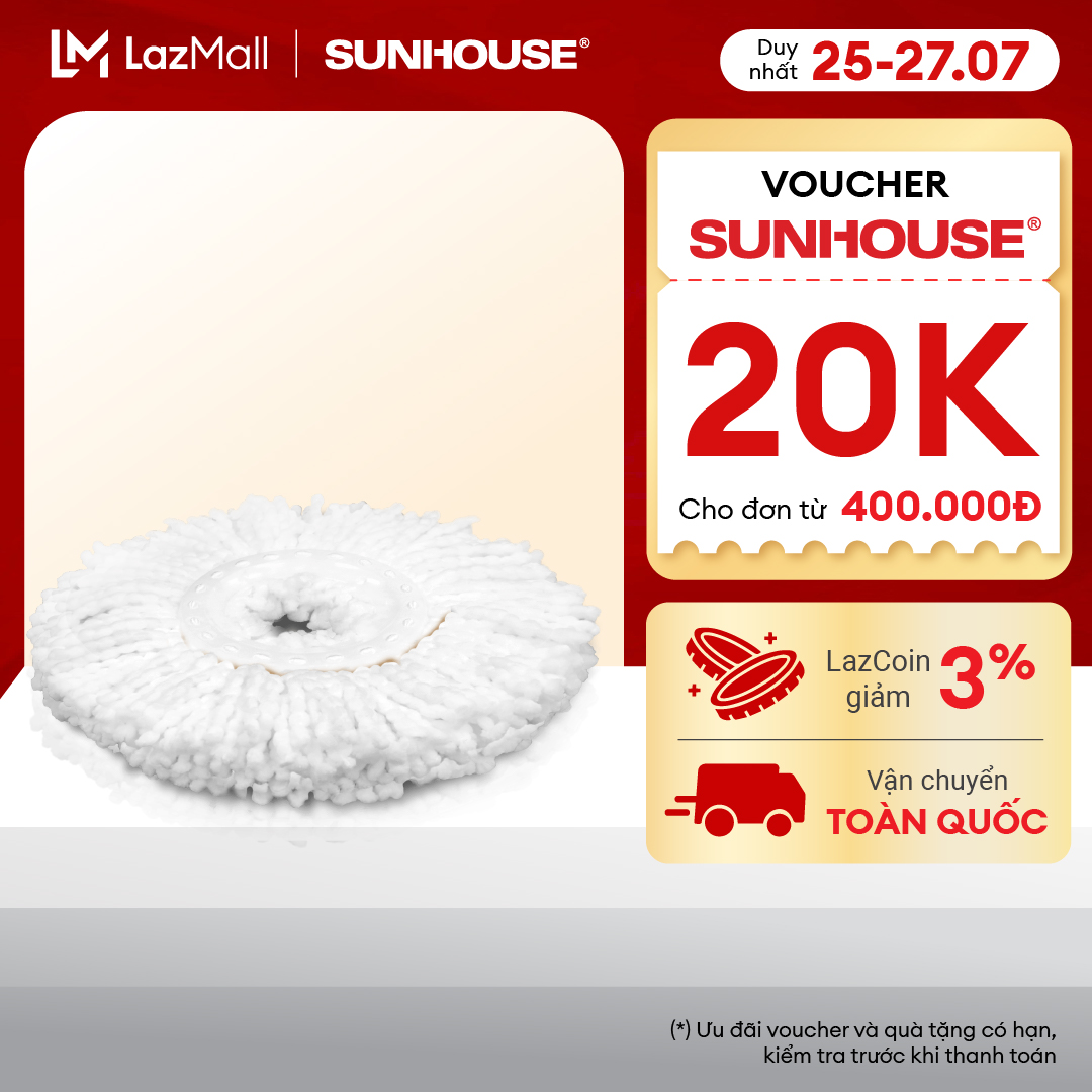 BÔNG LAU NHÀ MICROFIBER SUNHOUSE KS-CO350M- XOAY 360 ĐỘ - Tấm bông lau bằng sợi Microfiber thấm hút nước tốt - Dễ dàng tháo lắp vào cây lau - Hàng chính hãng