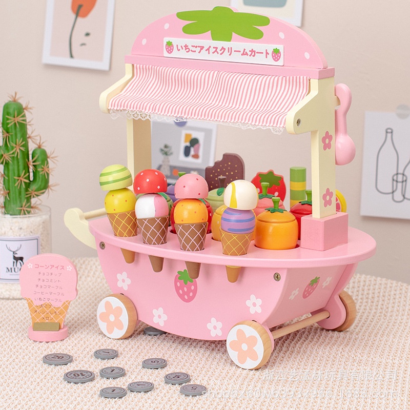 Đồ chơi xe đẩy bán kem bằng gỗ mother garden TOYSTORE xe họa tiết hồng dễ thương cho bé