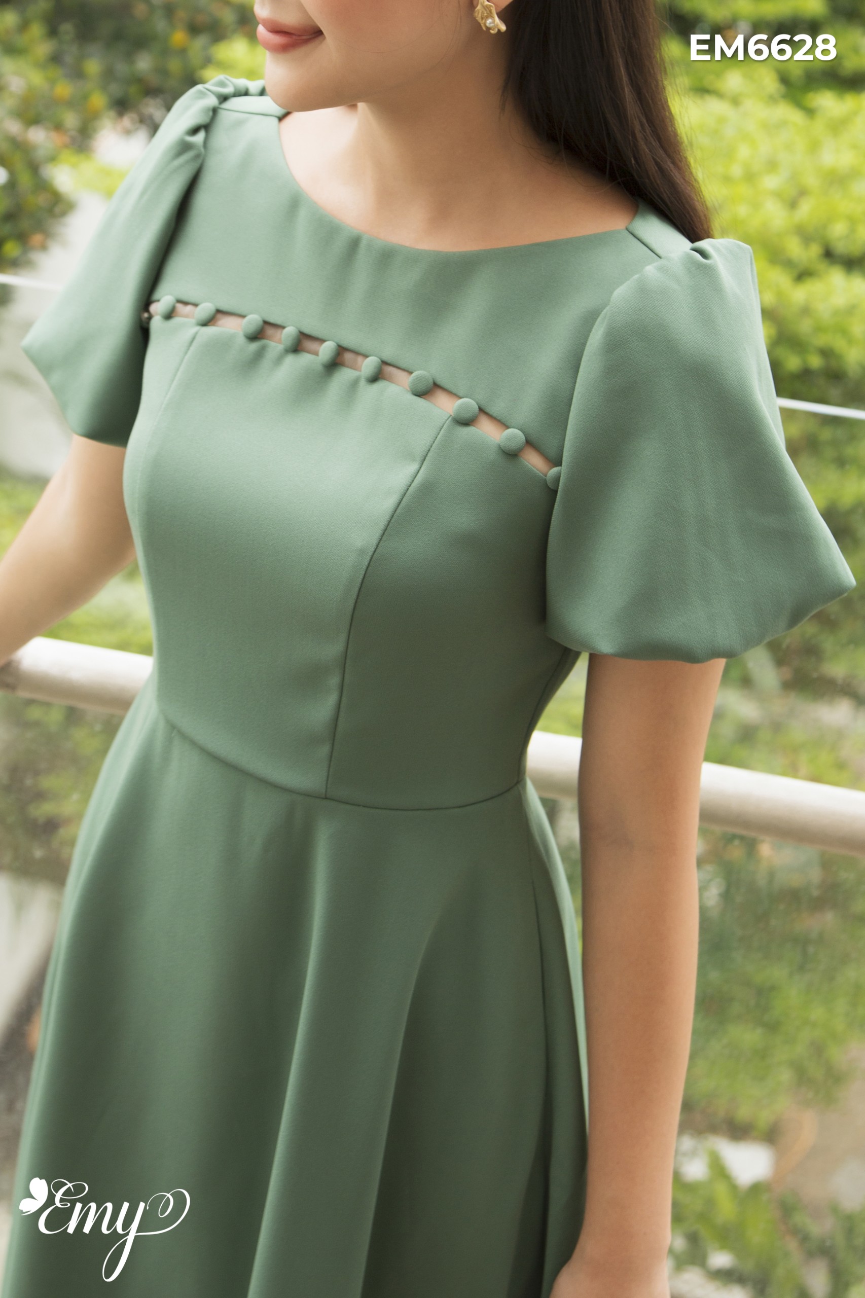 Đầm EMY EM6628 Xoè Xanh Tay Phồng
