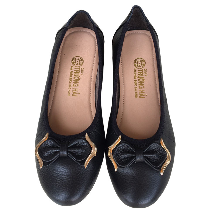 Giày búp bê đen da bò thật đính nơ Trường Hải TH0377